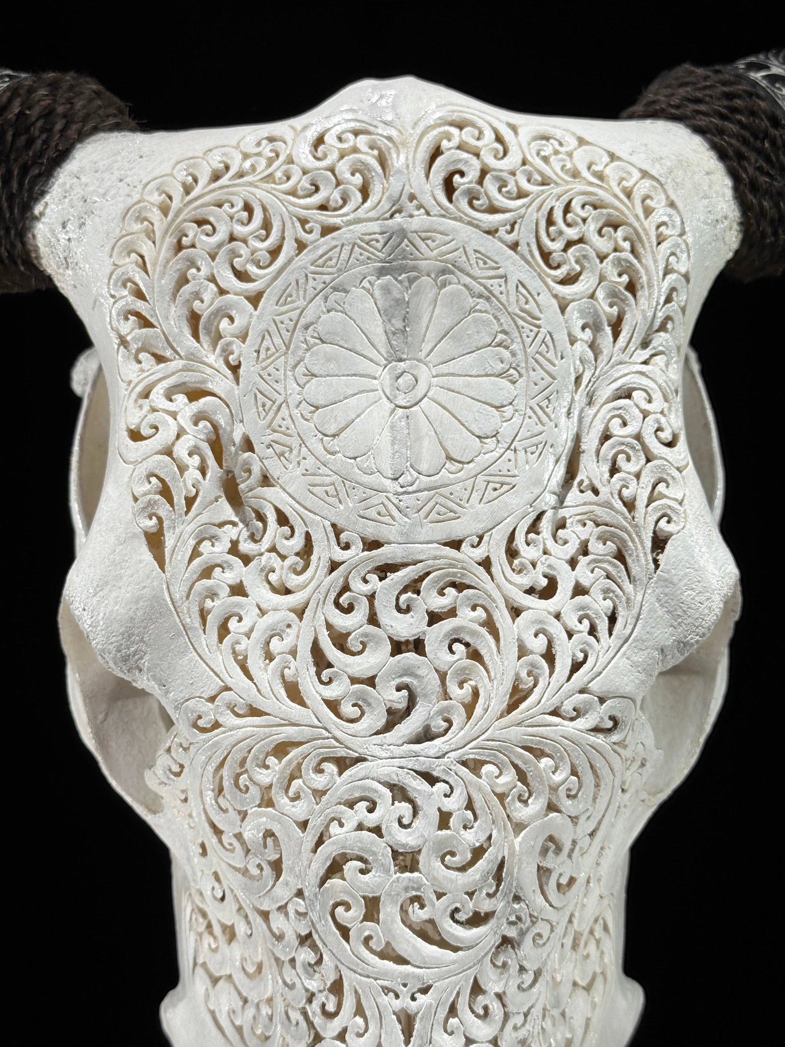 White cow skull with carved horns - Flower mandala motif - 2