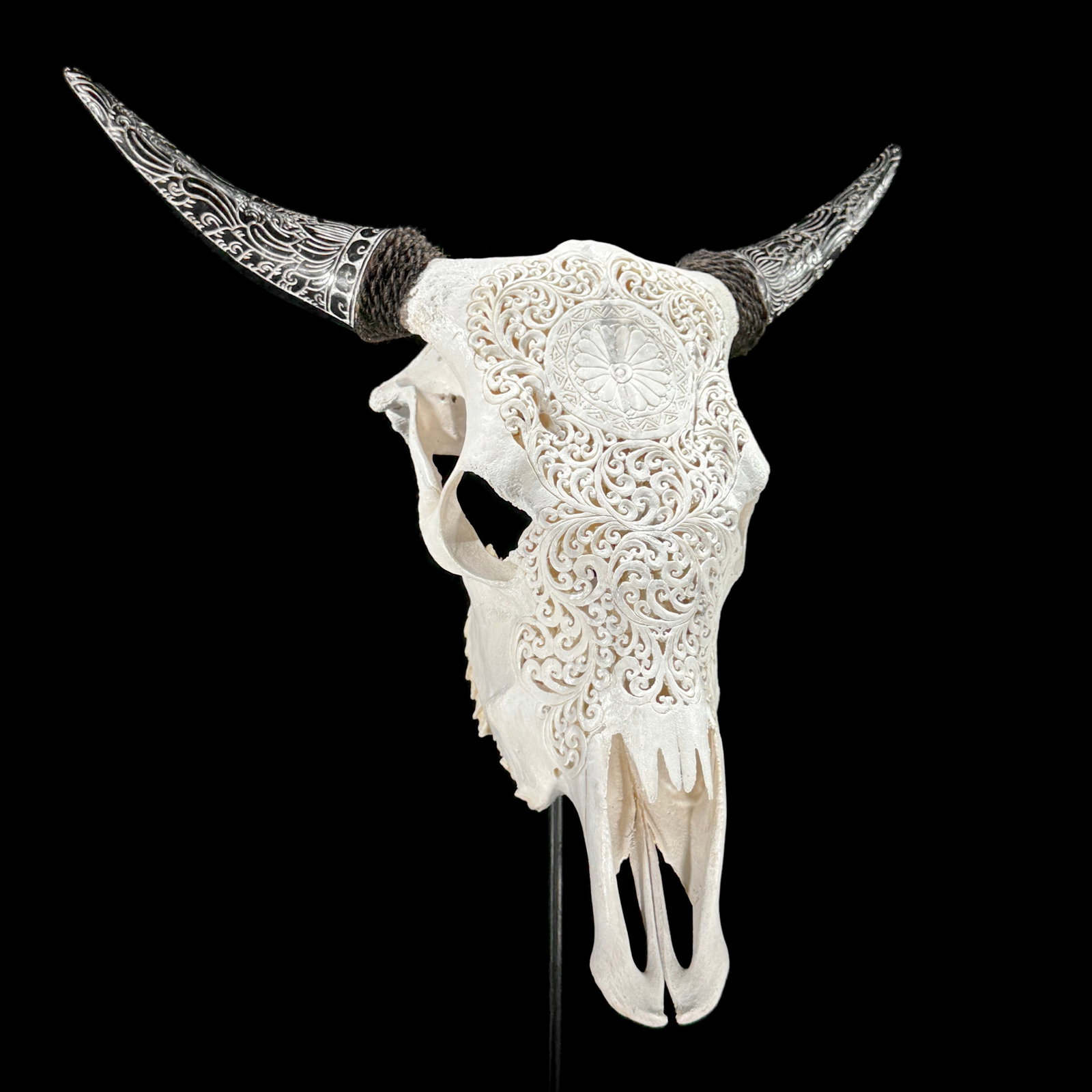 White cow skull with carved horns - Flower mandala motif - 4