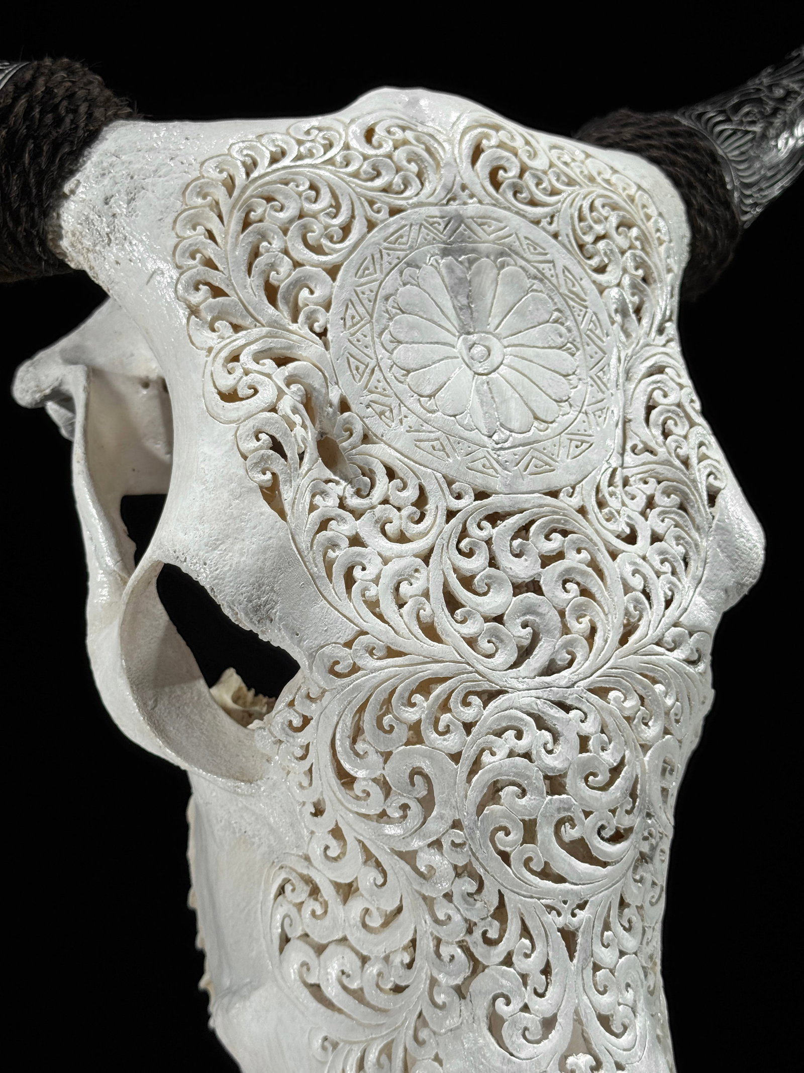 White cow skull with carved horns - Flower mandala motif - 5