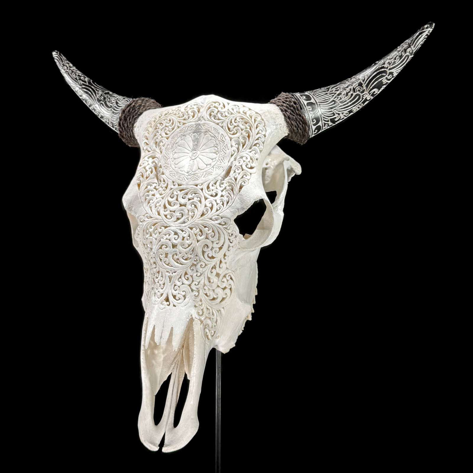 White cow skull with carved horns - Flower mandala motif - 7