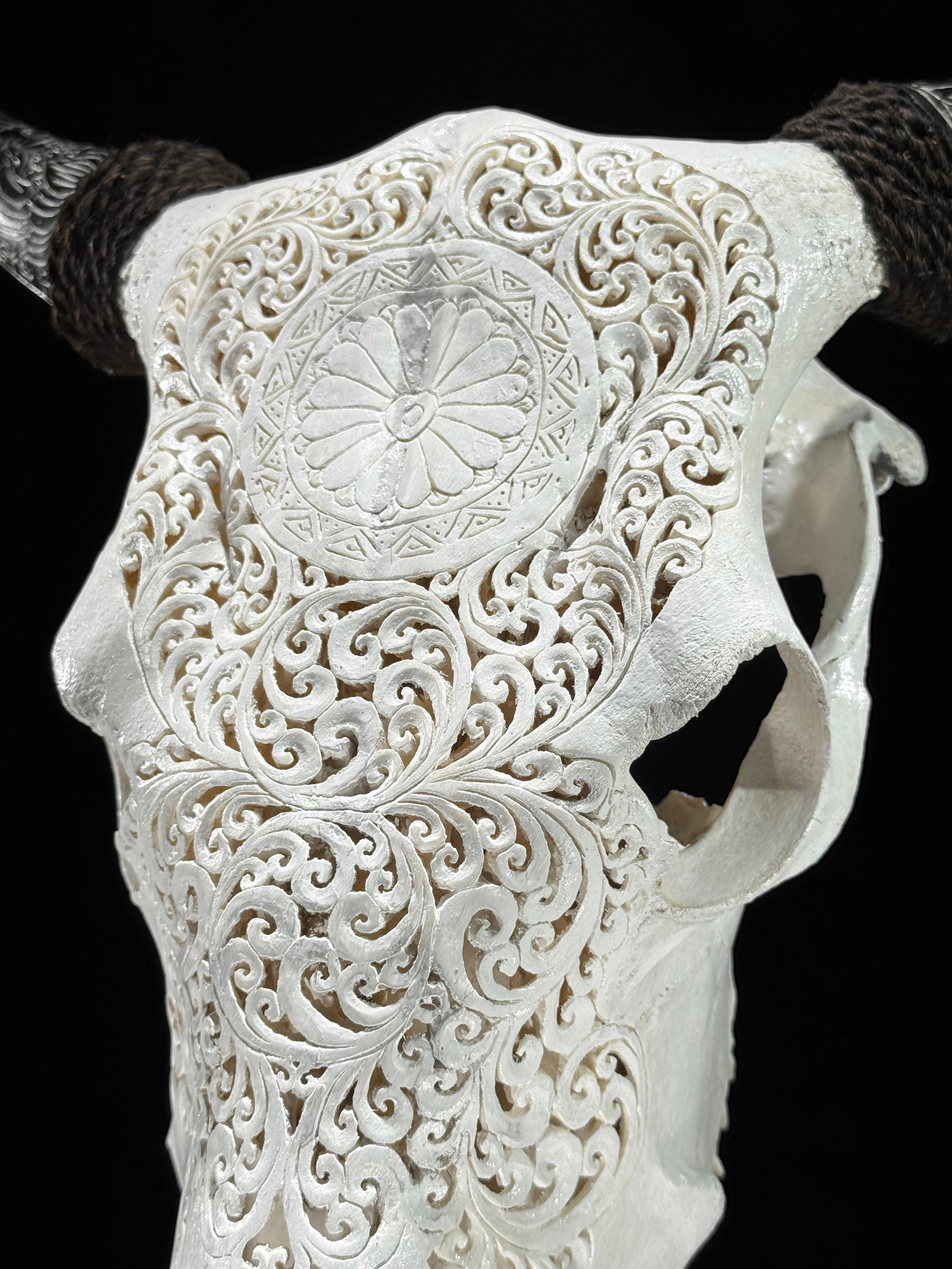 White cow skull with carved horns - Flower mandala motif - 8