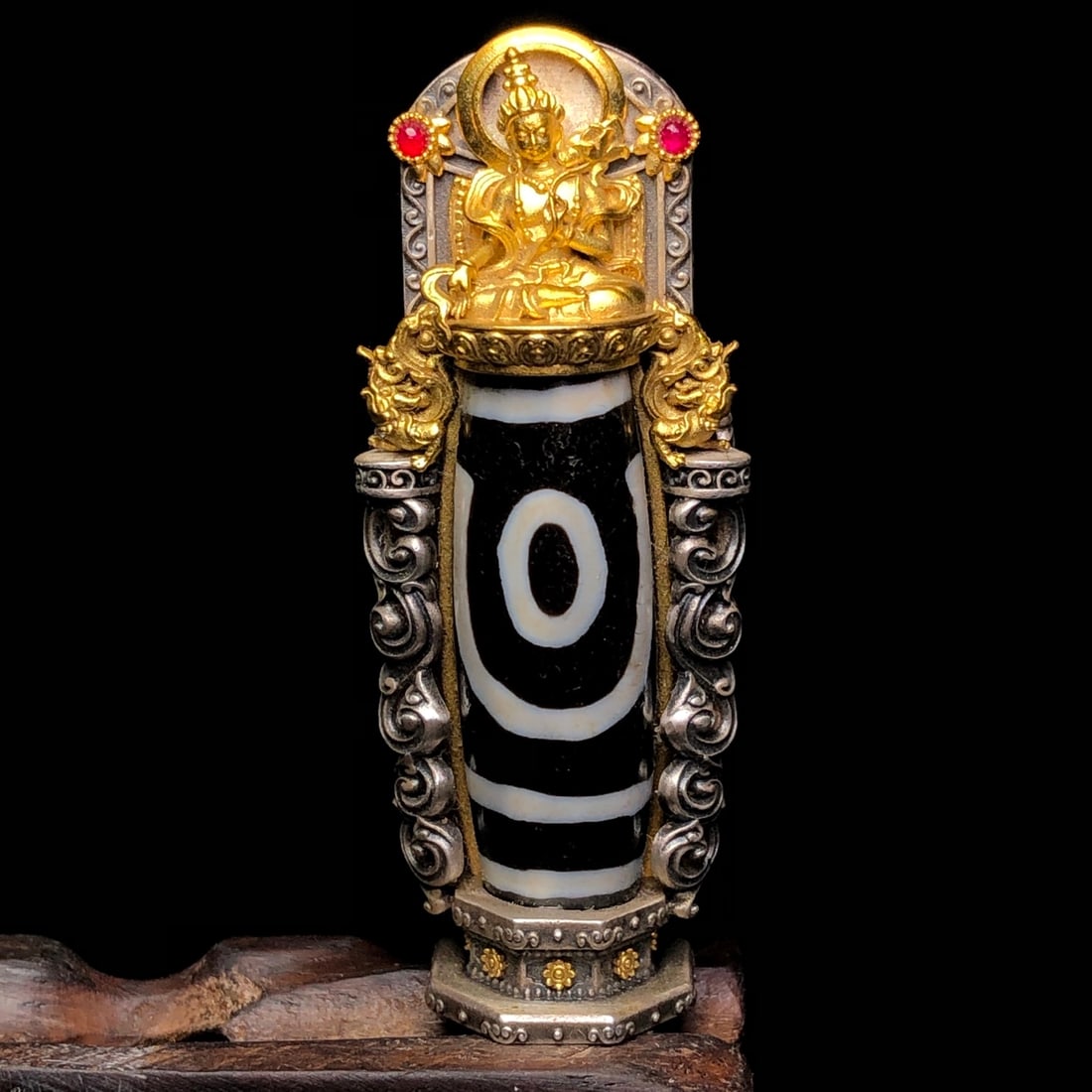Old Gilt Gold Silver Inlay Two Eyes DZI Agate Pendant - 4