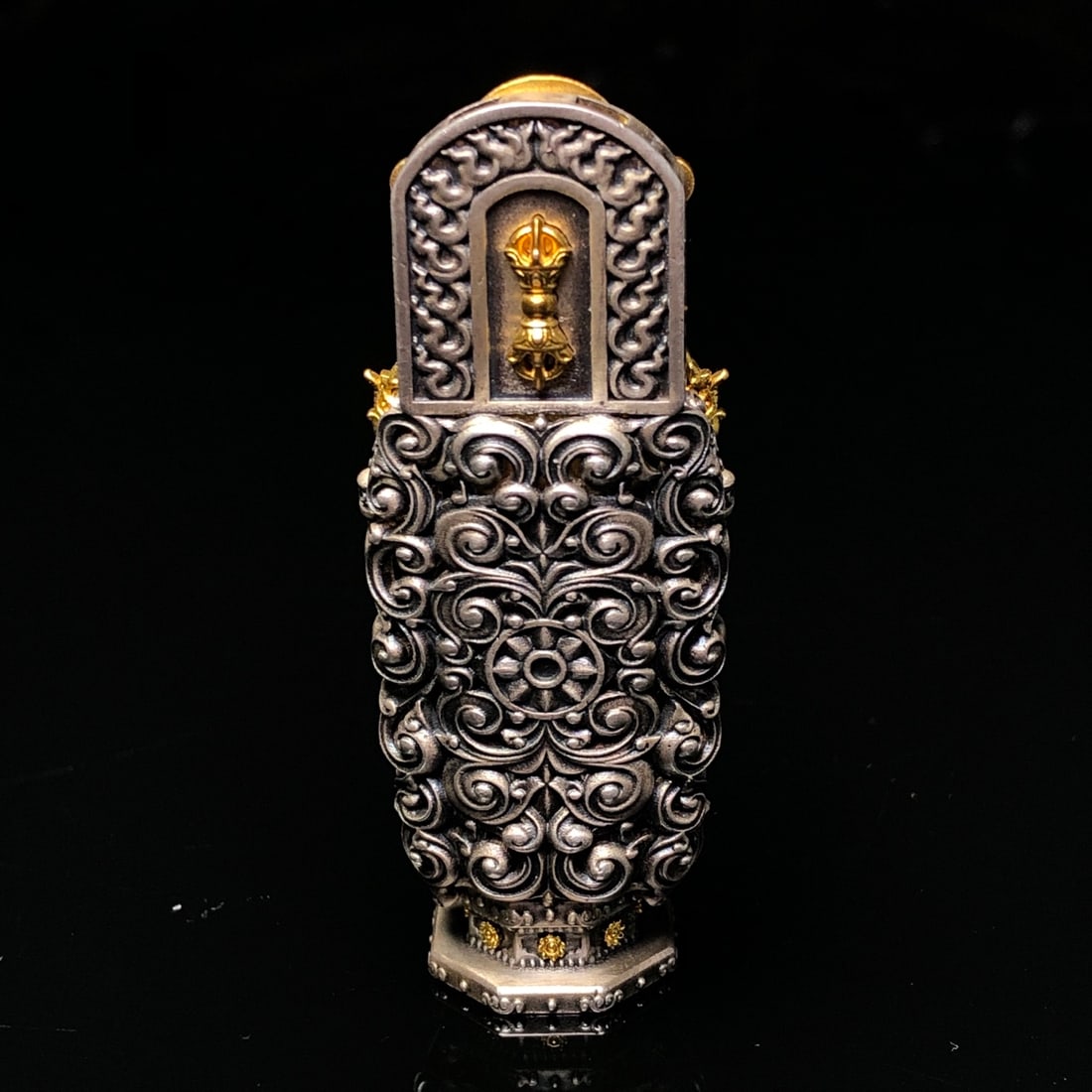 Old Gilt Gold Silver Inlay Two Eyes DZI Agate Pendant - 5