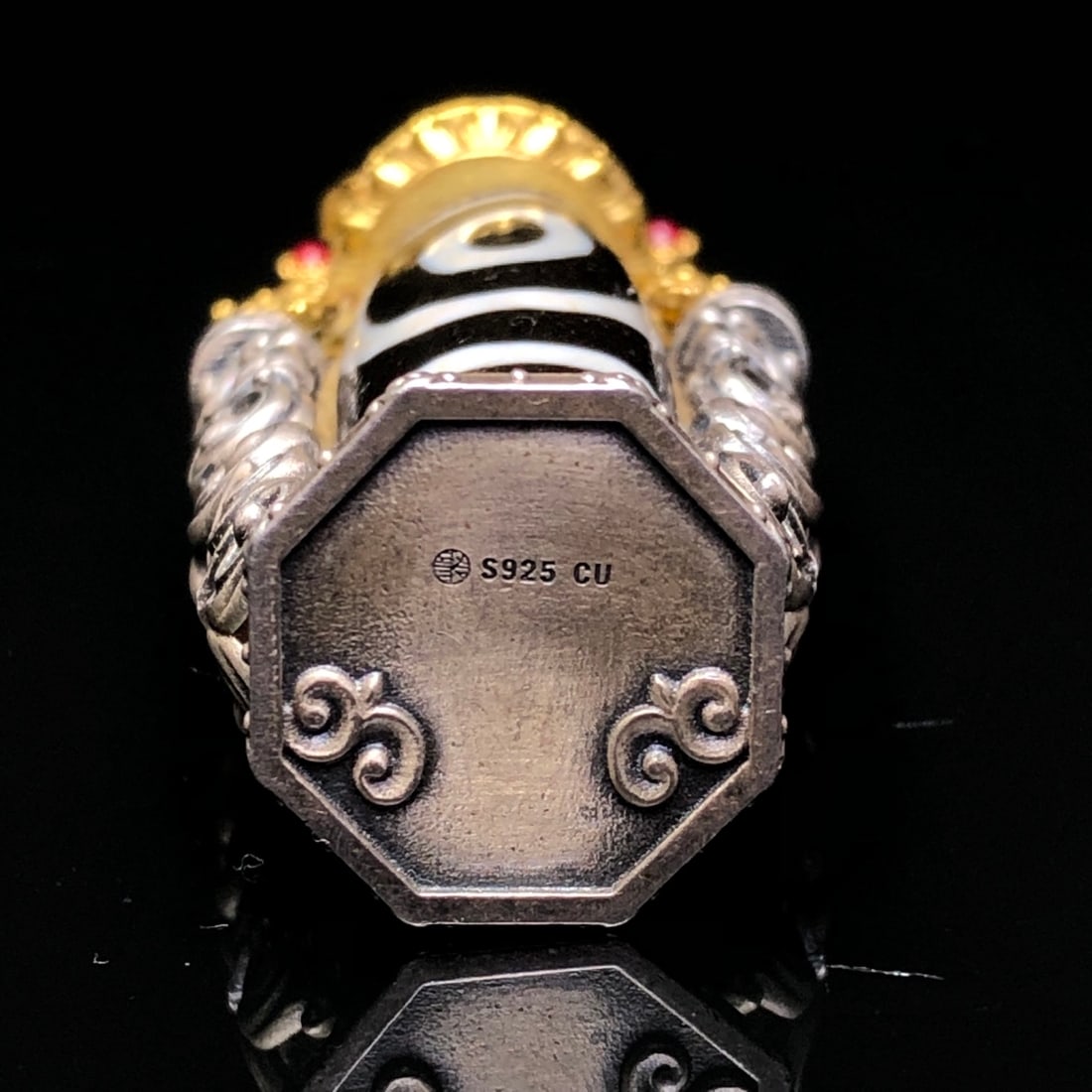 Old Gilt Gold Silver Inlay Two Eyes DZI Agate Pendant - 7