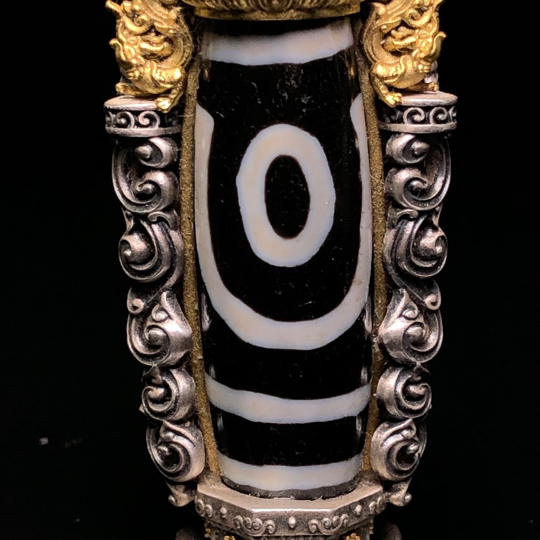 Old Gilt Gold Silver Inlay Two Eyes DZI Agate Pendant - 8