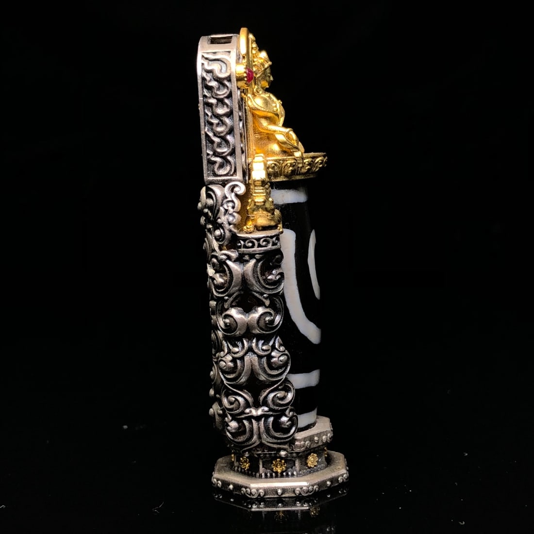 Old Gilt Gold Silver Inlay Two Eyes DZI Agate Pendant - 9
