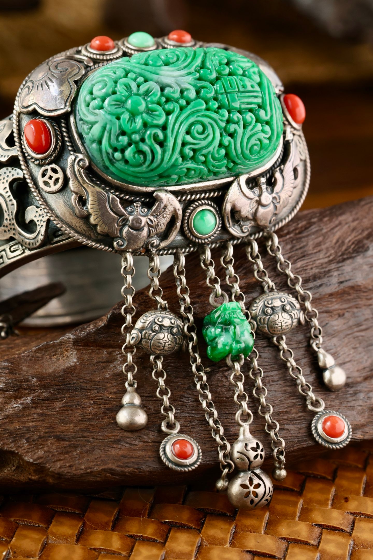 Old Silver Inlay Green Jadeite & Gem Bracelet - 5