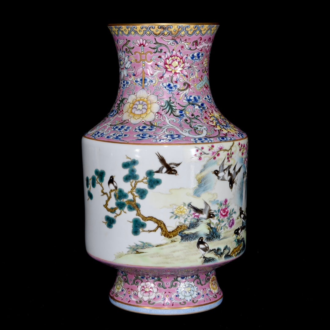 Gilt Gold Edge Famille Rose Flower Bird Design Porcelain Vase - 2