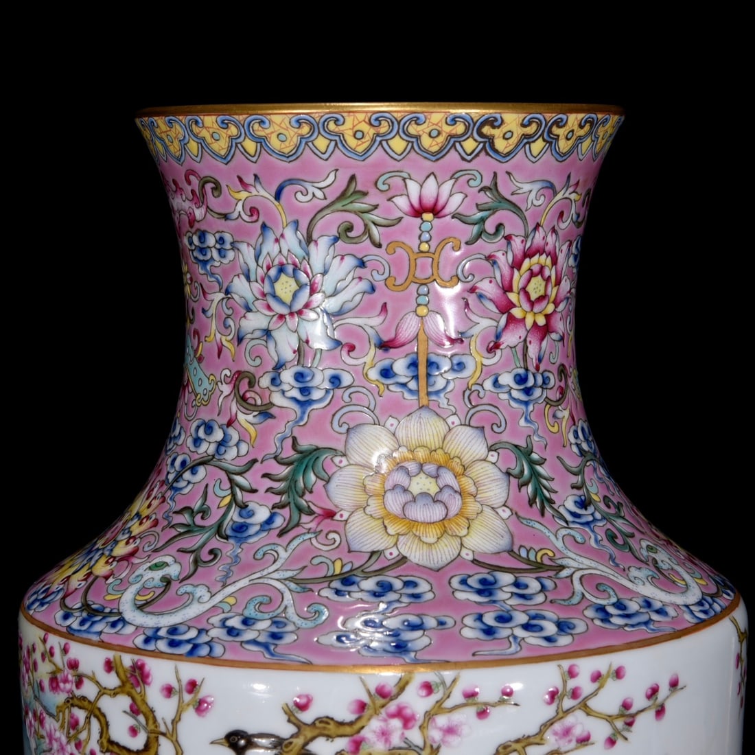 Gilt Gold Edge Famille Rose Flower Bird Design Porcelain Vase - 4