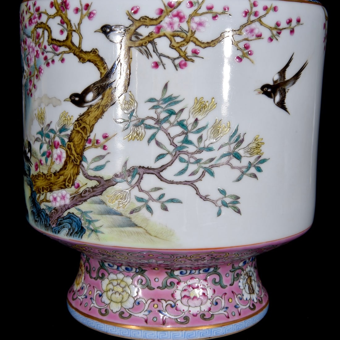 Gilt Gold Edge Famille Rose Flower Bird Design Porcelain Vase - 5