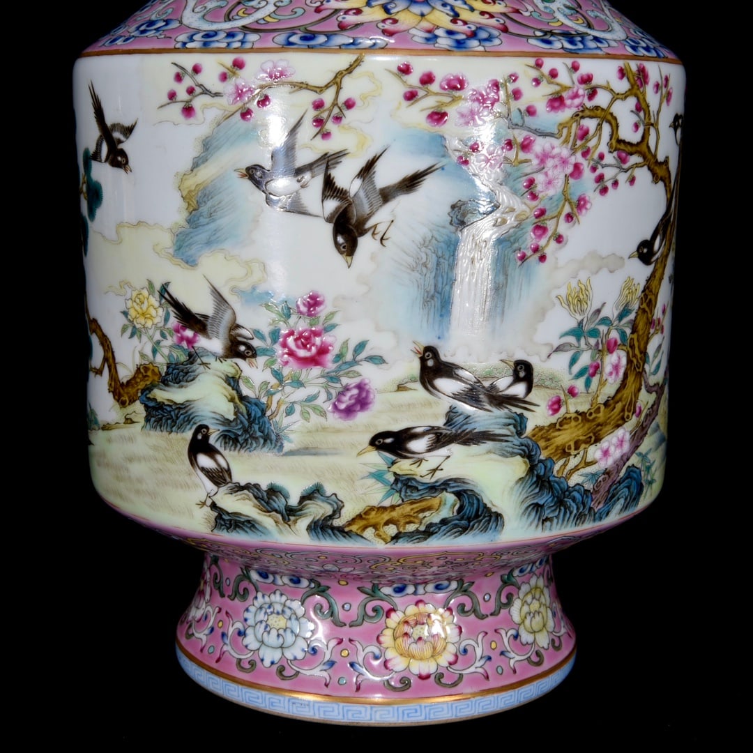 Gilt Gold Edge Famille Rose Flower Bird Design Porcelain Vase - 6
