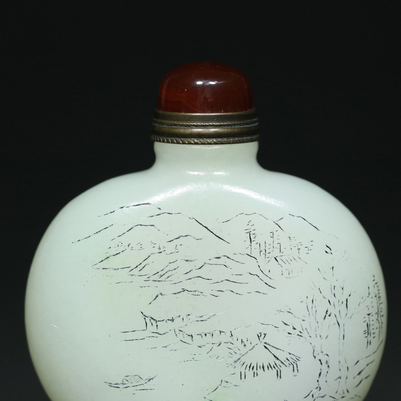 Old Hetian Jade Snuff Bottle Hand Carved Mountain River Scene Poetic Prose - 5