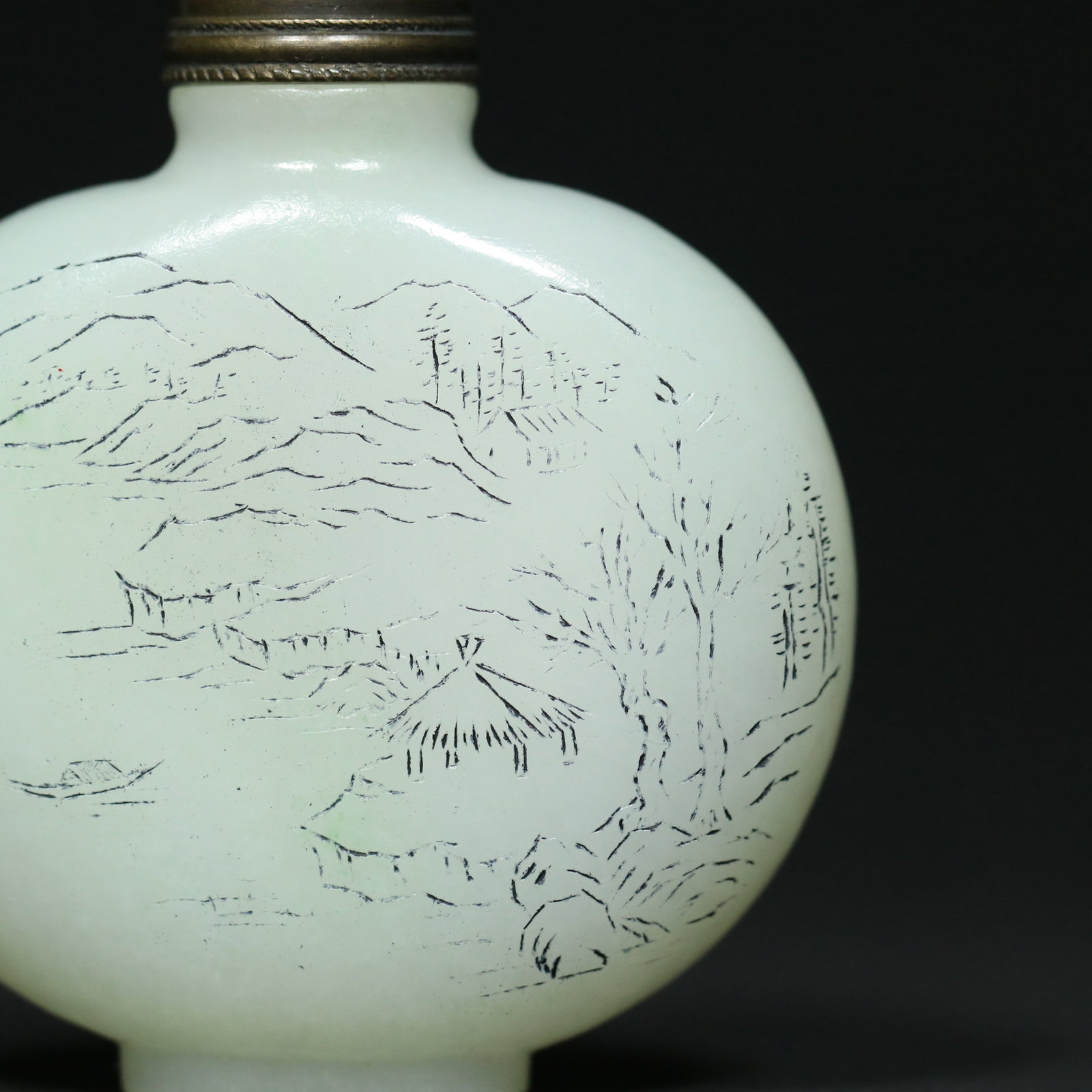 Old Hetian Jade Snuff Bottle Hand Carved Mountain River Scene Poetic Prose - 6