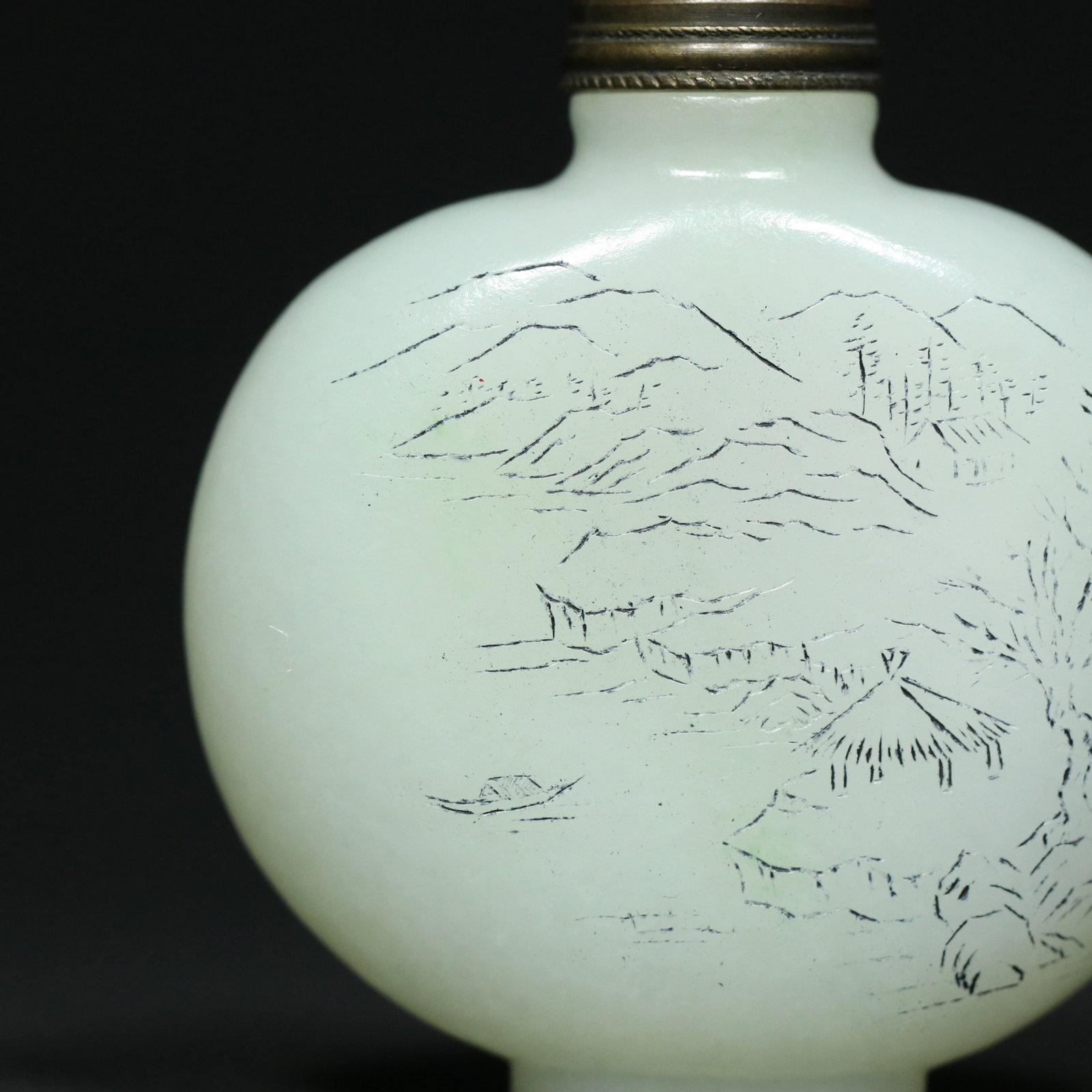 Old Hetian Jade Snuff Bottle Hand Carved Mountain River Scene Poetic Prose - 7