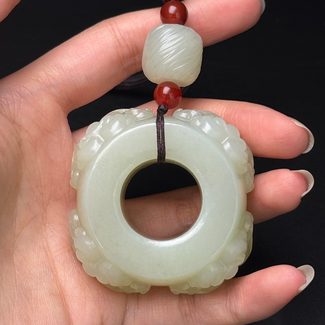Old Hetian Jade Hand Carved Beast Thumb Ring Pendant - 8