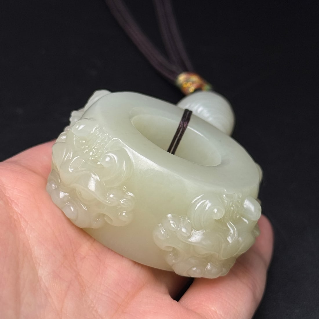 Old Hetian Jade Hand Carved Beast Thumb Ring Pendant - 9