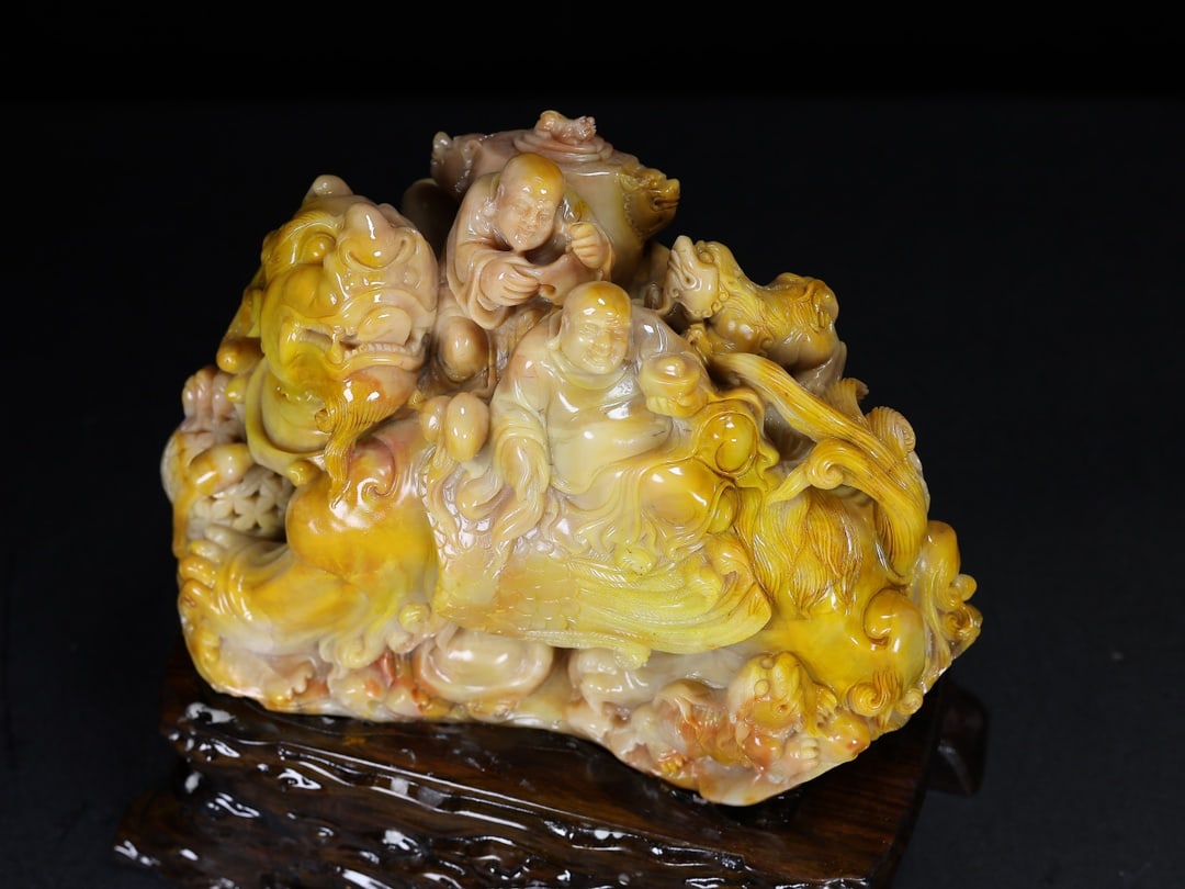 High-quality Shoushan Soapstone Hand-Carved Lucky Beast & Buddhism Arhat Staute - 13