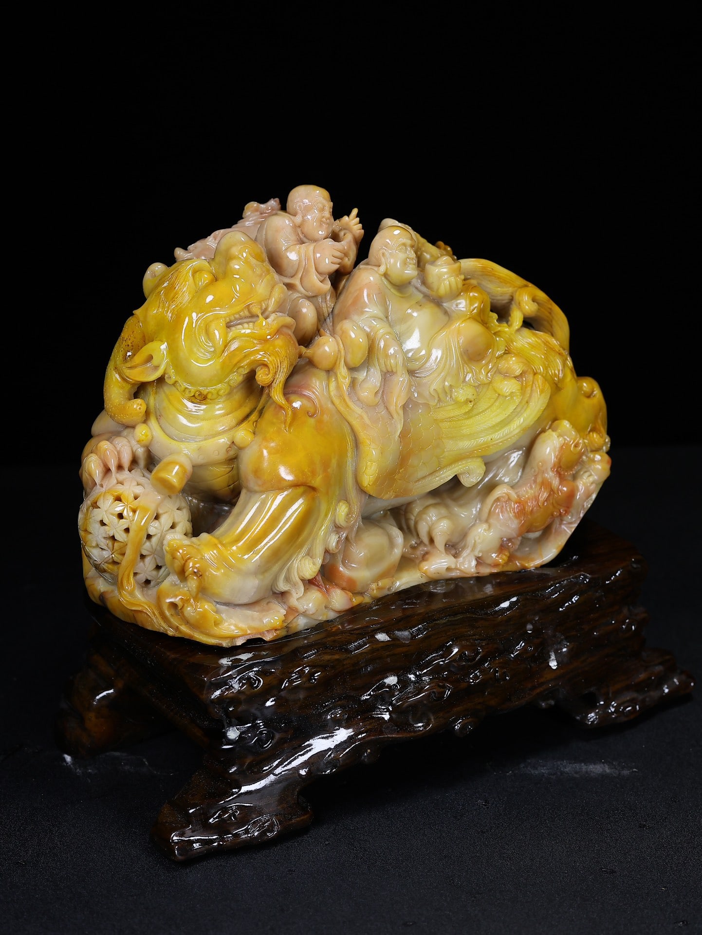 High-quality Shoushan Soapstone Hand-Carved Lucky Beast & Buddhism Arhat Staute - 2