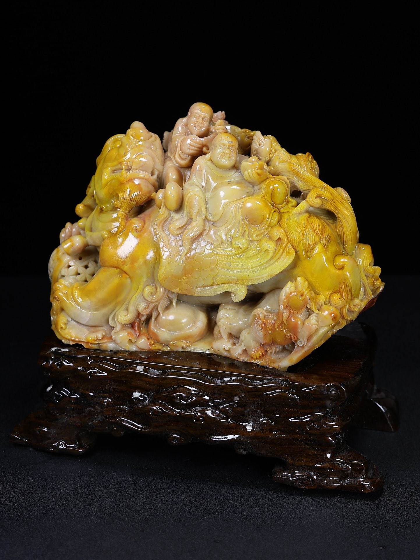 High-quality Shoushan Soapstone Hand-Carved Lucky Beast & Buddhism Arhat Staute - 3