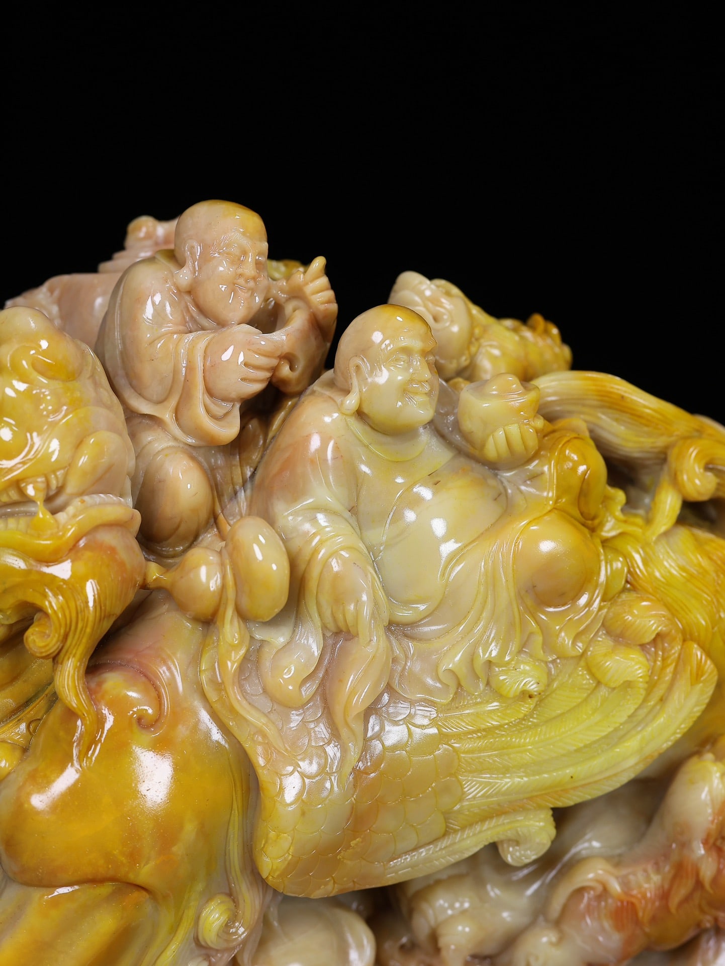 High-quality Shoushan Soapstone Hand-Carved Lucky Beast & Buddhism Arhat Staute - 7