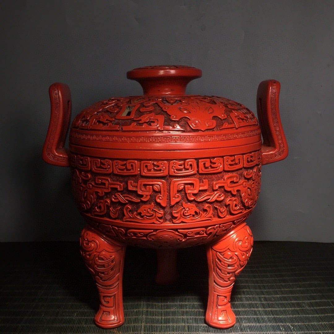 Vintage Red Lacquerware Beast Design Incense Burner - 3