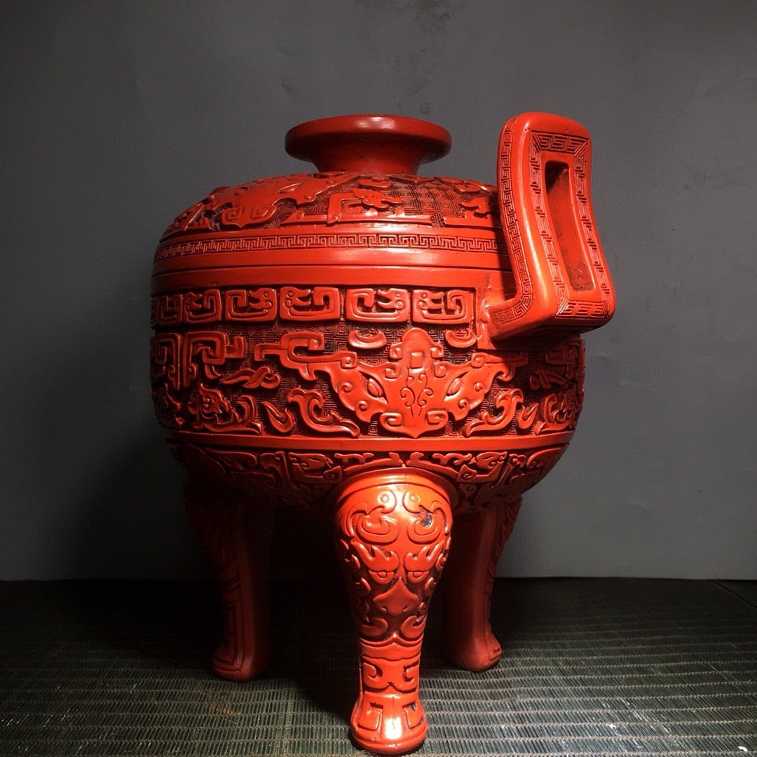 Vintage Red Lacquerware Beast Design Incense Burner - 4
