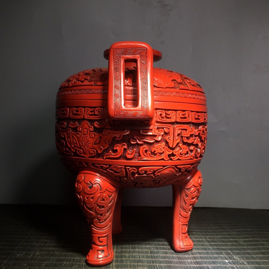 Vintage Red Lacquerware Beast Design Incense Burner - 5