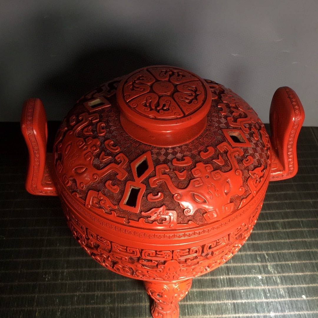 Vintage Red Lacquerware Beast Design Incense Burner - 6