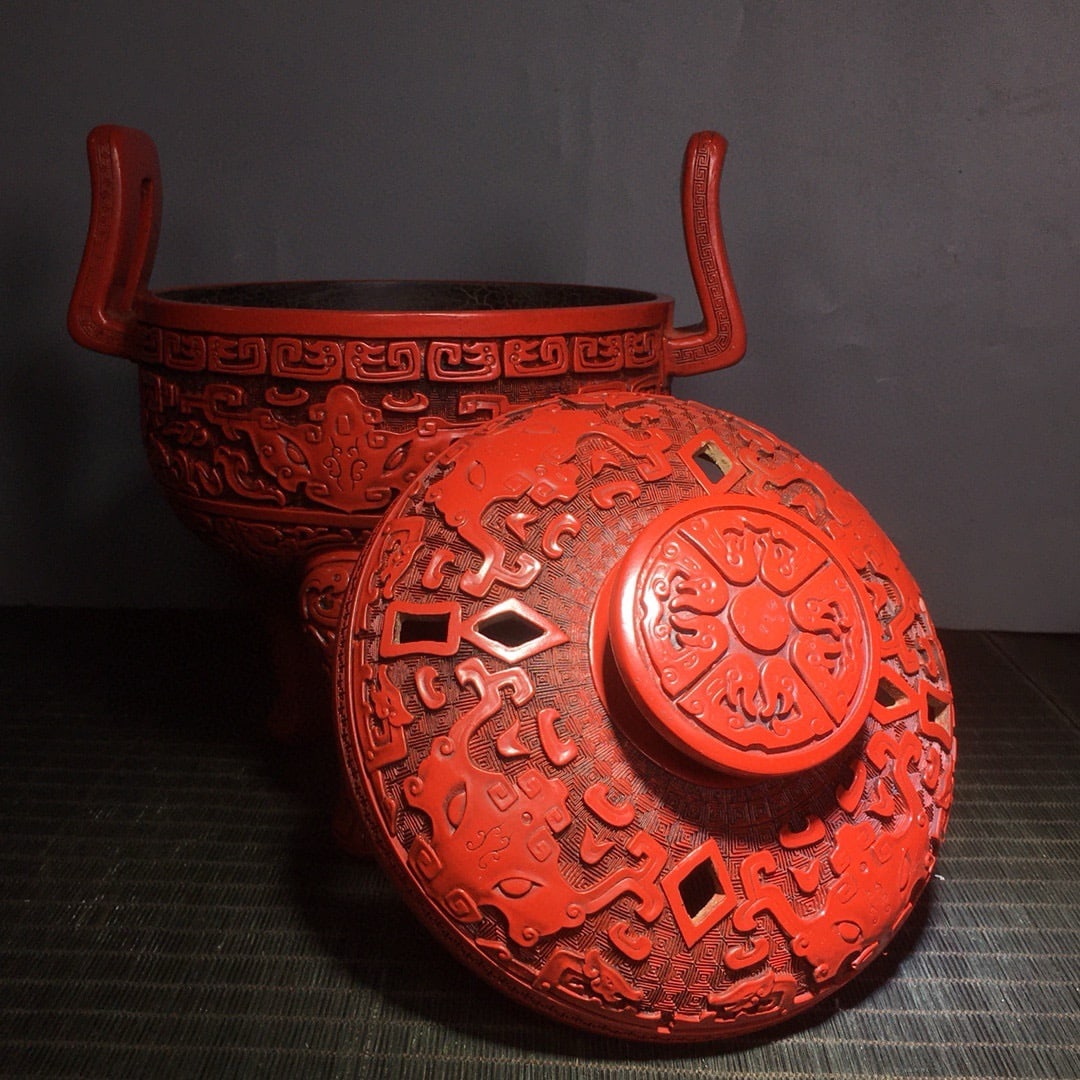 Vintage Red Lacquerware Beast Design Incense Burner - 7