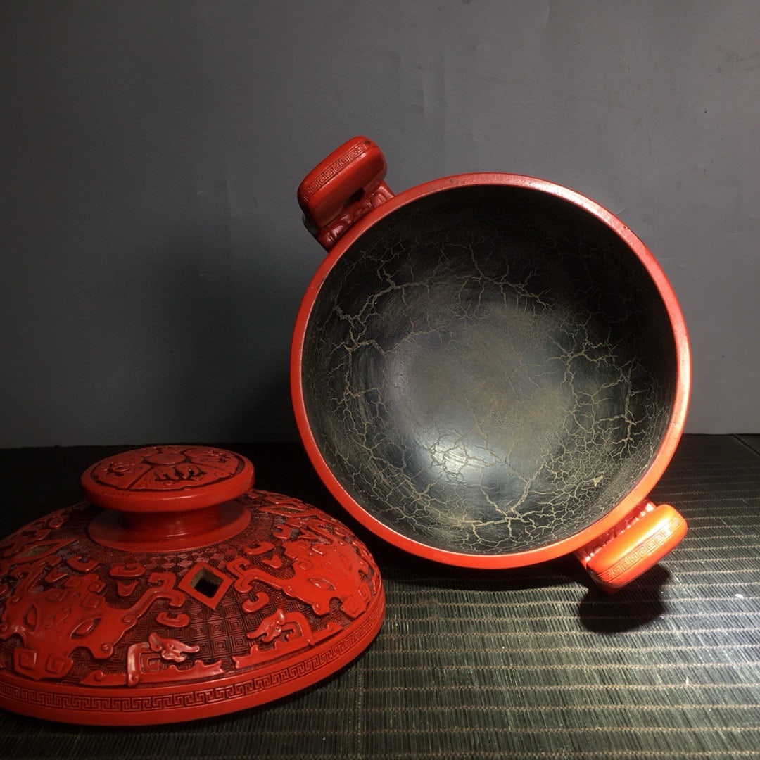 Vintage Red Lacquerware Beast Design Incense Burner - 8