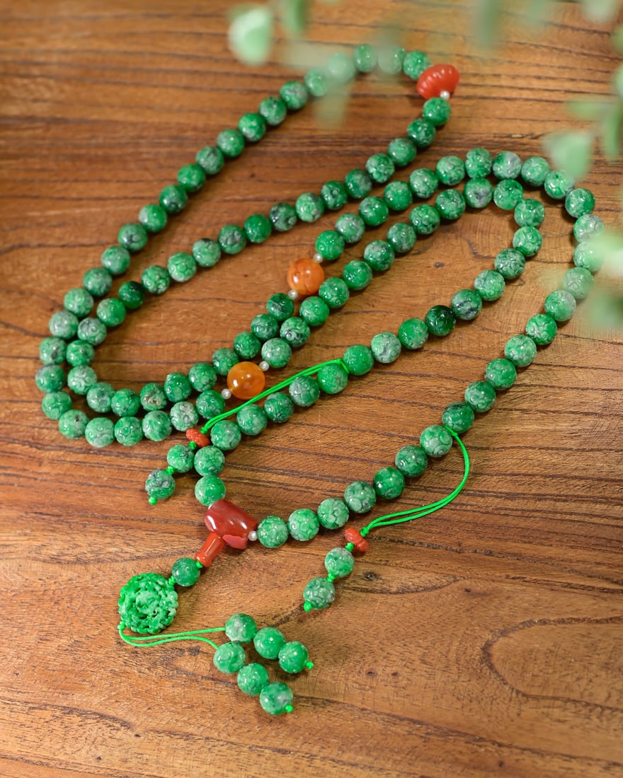 10.5mm Natural Green Jadeite Beads & Yellow Beeswax,Nanhong Agate Necklace with Certificate 108 - 2
