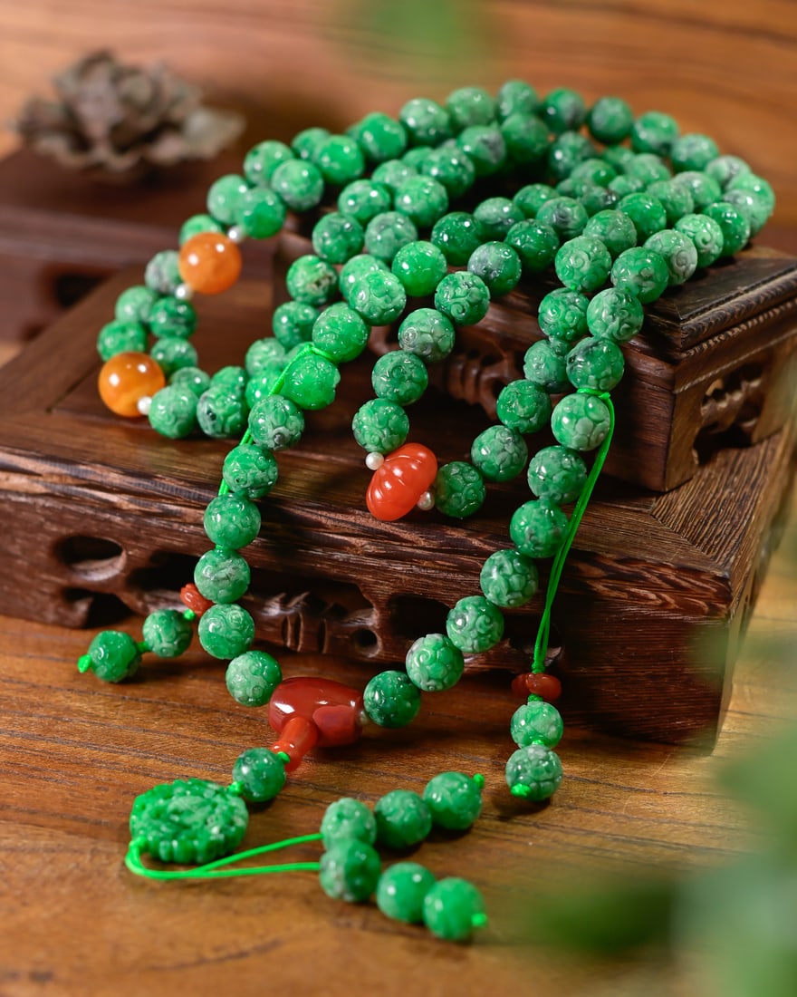 10.5mm Natural Green Jadeite Beads & Yellow Beeswax,Nanhong Agate Necklace with Certificate 108 - 3