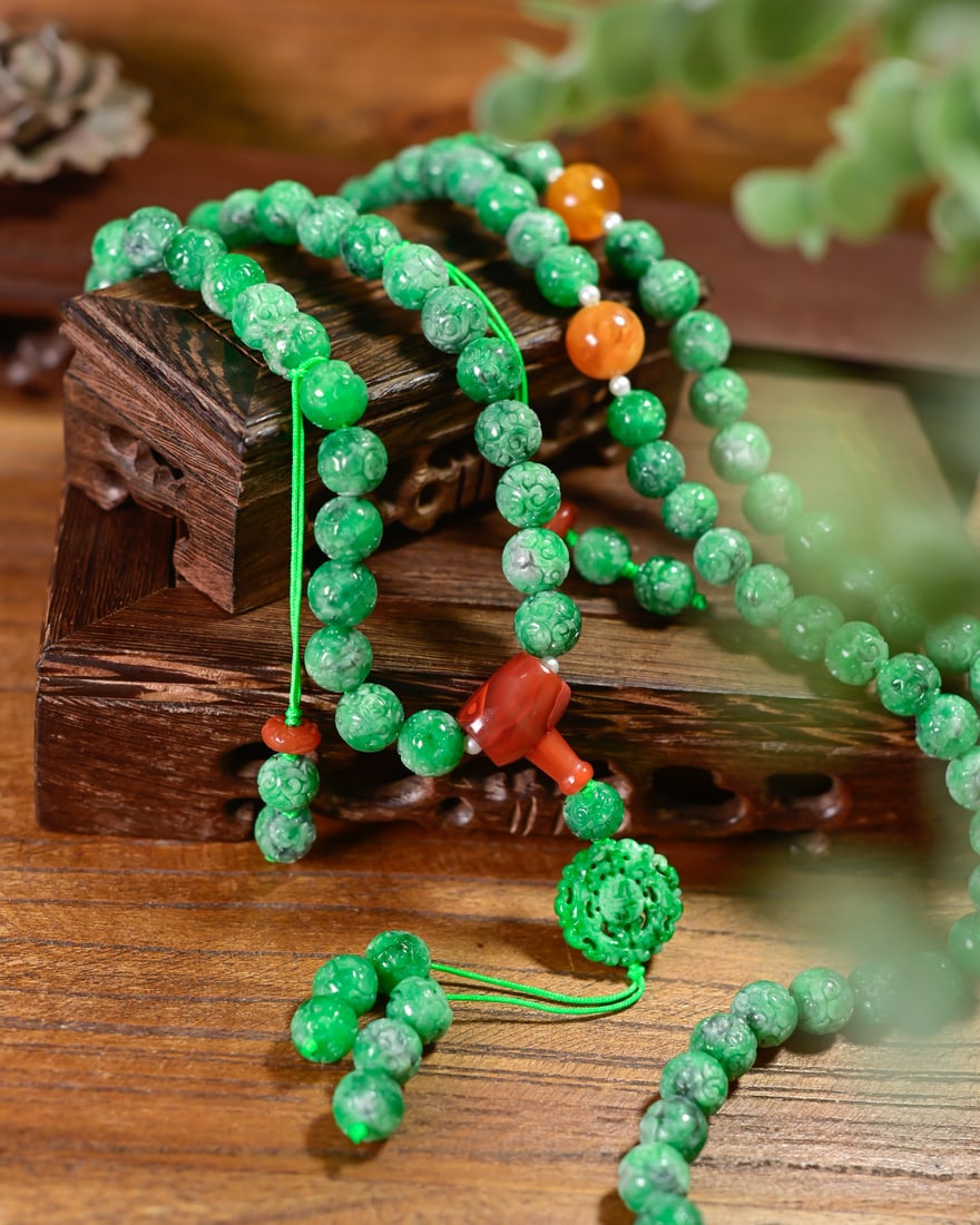 10.5mm Natural Green Jadeite Beads & Yellow Beeswax,Nanhong Agate Necklace with Certificate 108 - 4