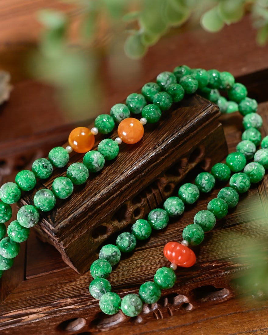 10.5mm Natural Green Jadeite Beads & Yellow Beeswax,Nanhong Agate Necklace with Certificate 108 - 5