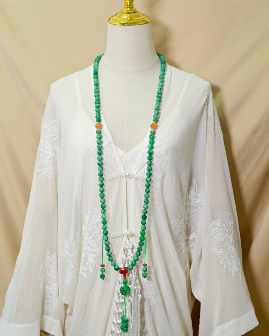 10.5mm Natural Green Jadeite Beads & Yellow Beeswax,Nanhong Agate Necklace with Certificate 108 - 6