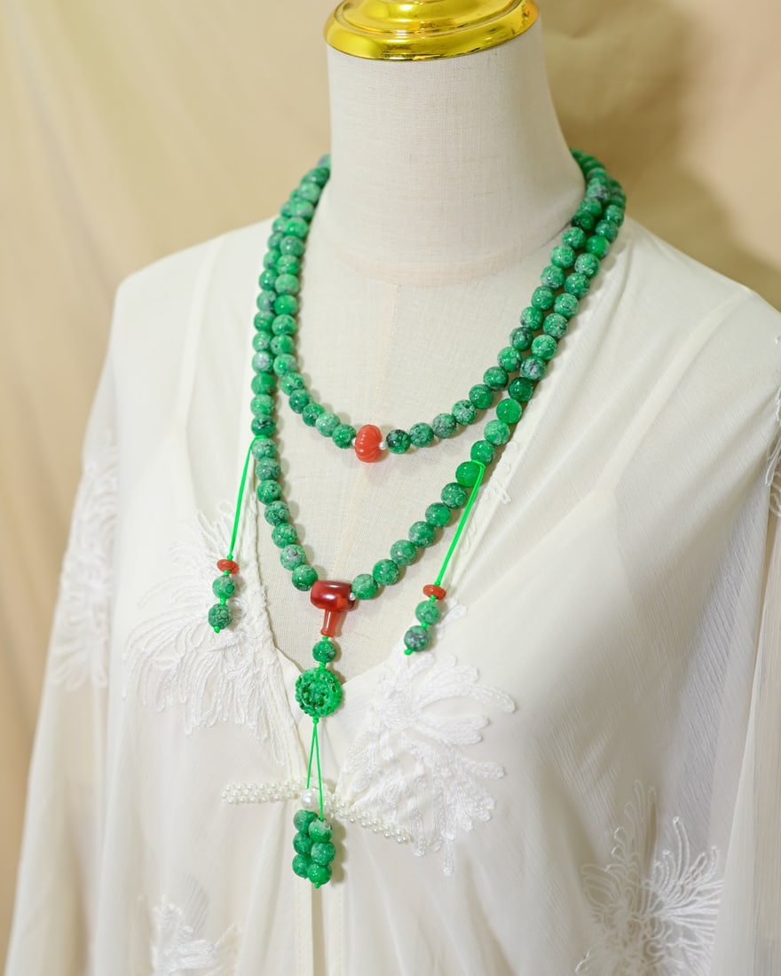 10.5mm Natural Green Jadeite Beads & Yellow Beeswax,Nanhong Agate Necklace with Certificate 108 - 7