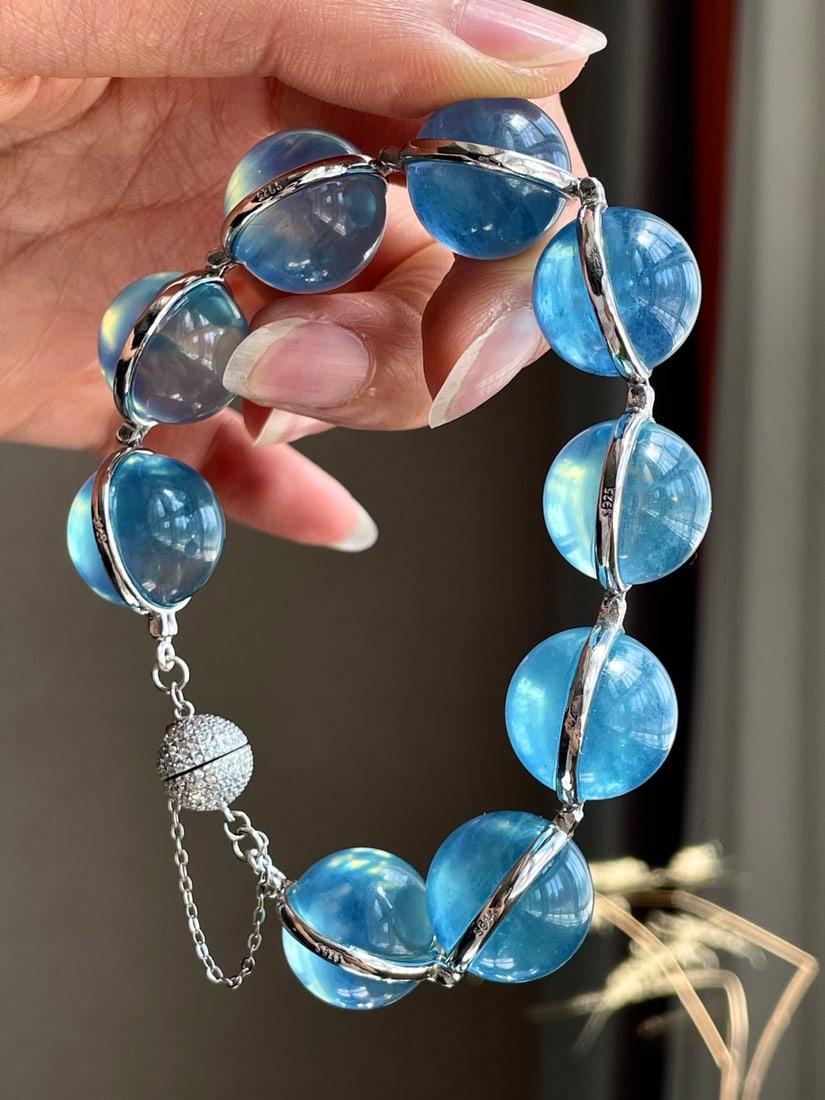 Silver Inlay Natural Aquamarine Bracelet - 2