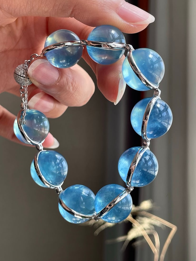 Silver Inlay Natural Aquamarine Bracelet - 4