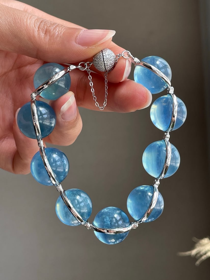 Silver Inlay Natural Aquamarine Bracelet - 5
