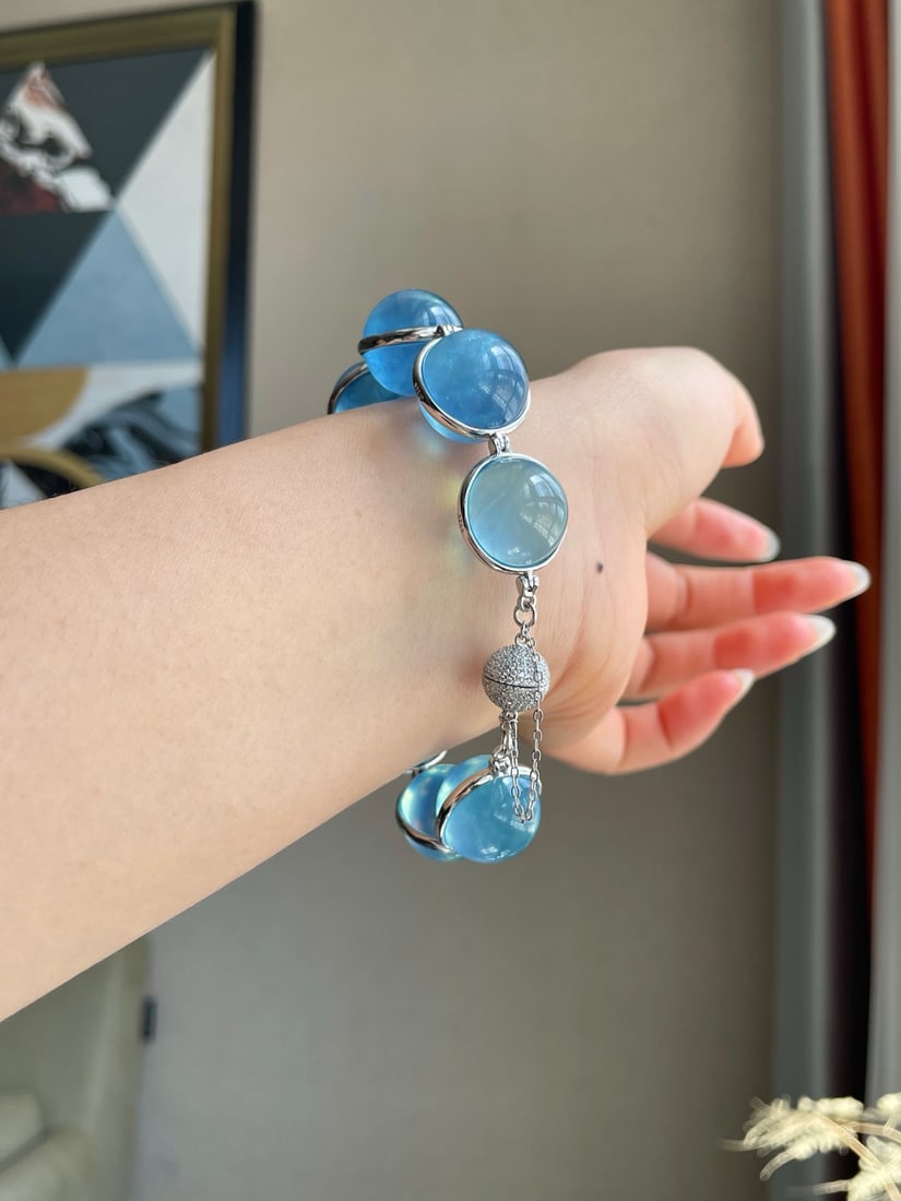 Silver Inlay Natural Aquamarine Bracelet - 6
