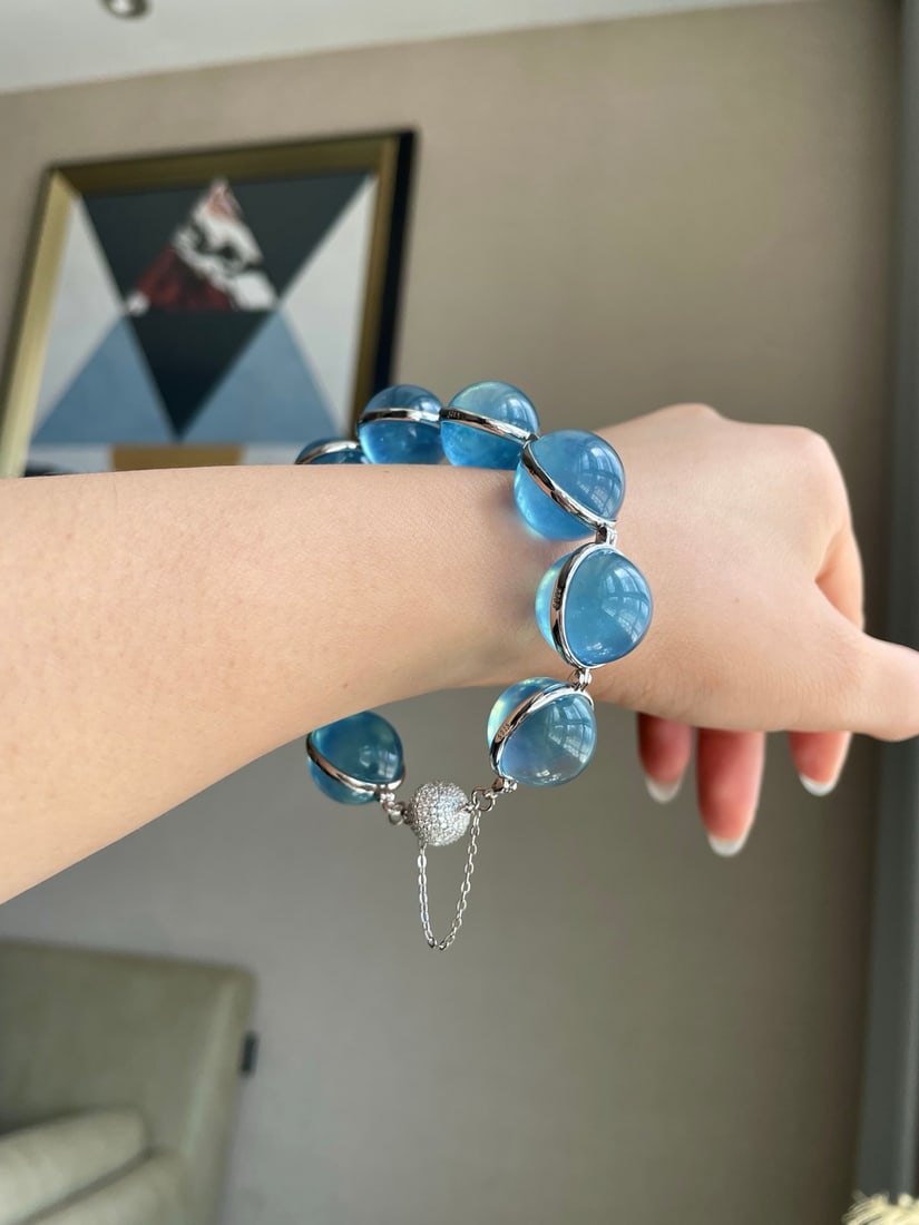 Silver Inlay Natural Aquamarine Bracelet - 7
