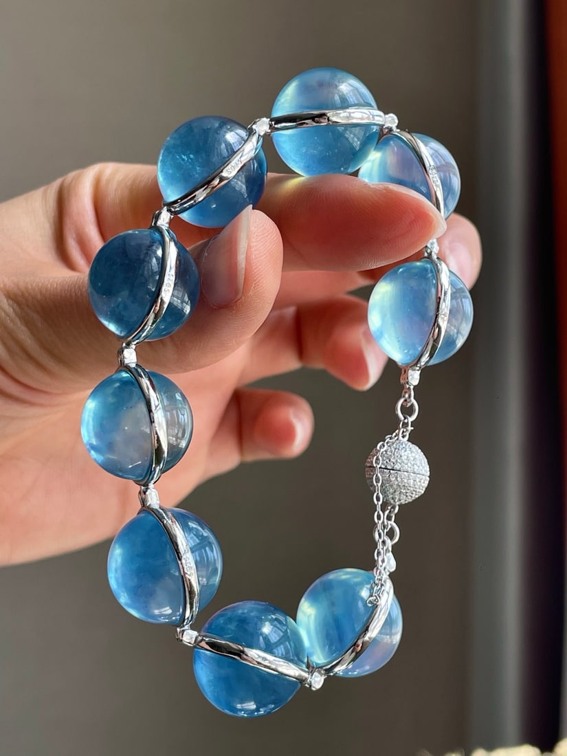Silver Inlay Natural Aquamarine Bracelet - 8