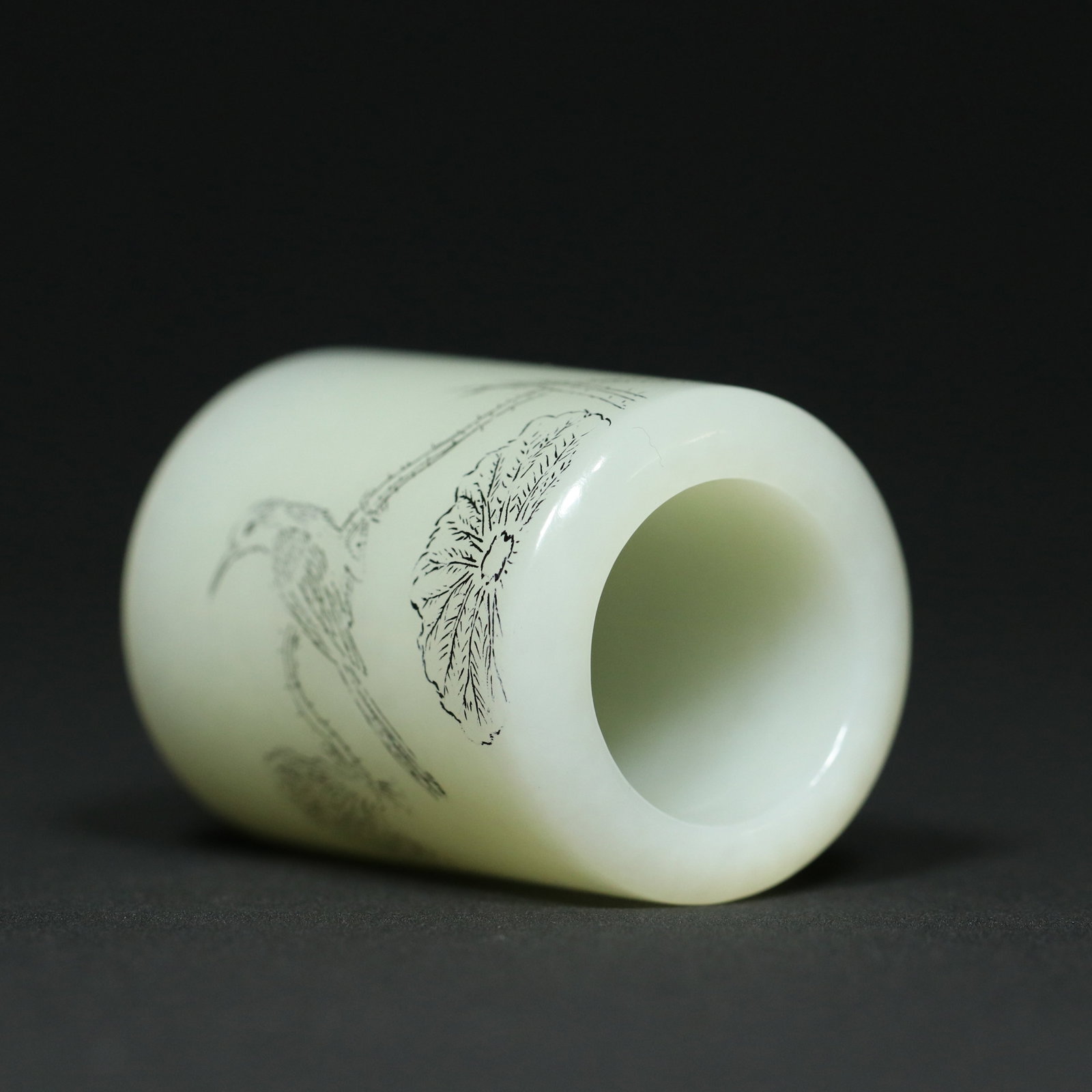 Inside Diameter 22mm Hetian Jade Thumb Ring Flower Bird Poetic Prose - 7
