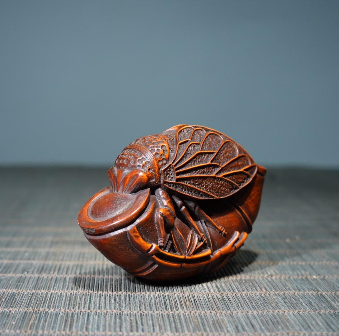 Old Boxwood Wood Bamboo & Cicada Pendant - 2