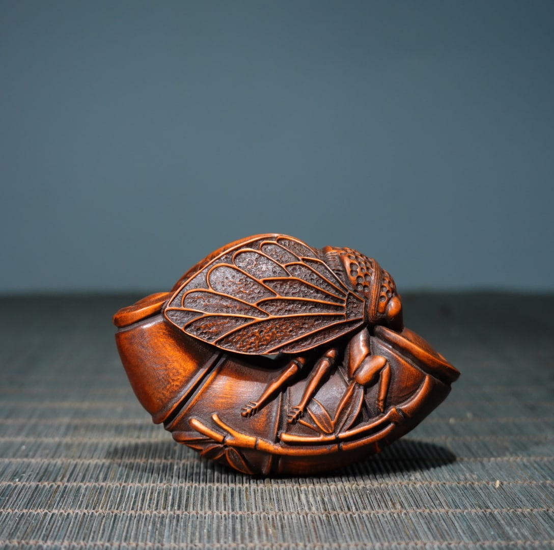 Old Boxwood Wood Bamboo & Cicada Pendant - 3