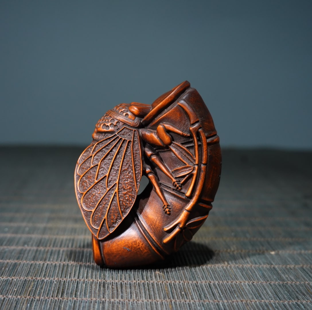 Old Boxwood Wood Bamboo & Cicada Pendant - 8