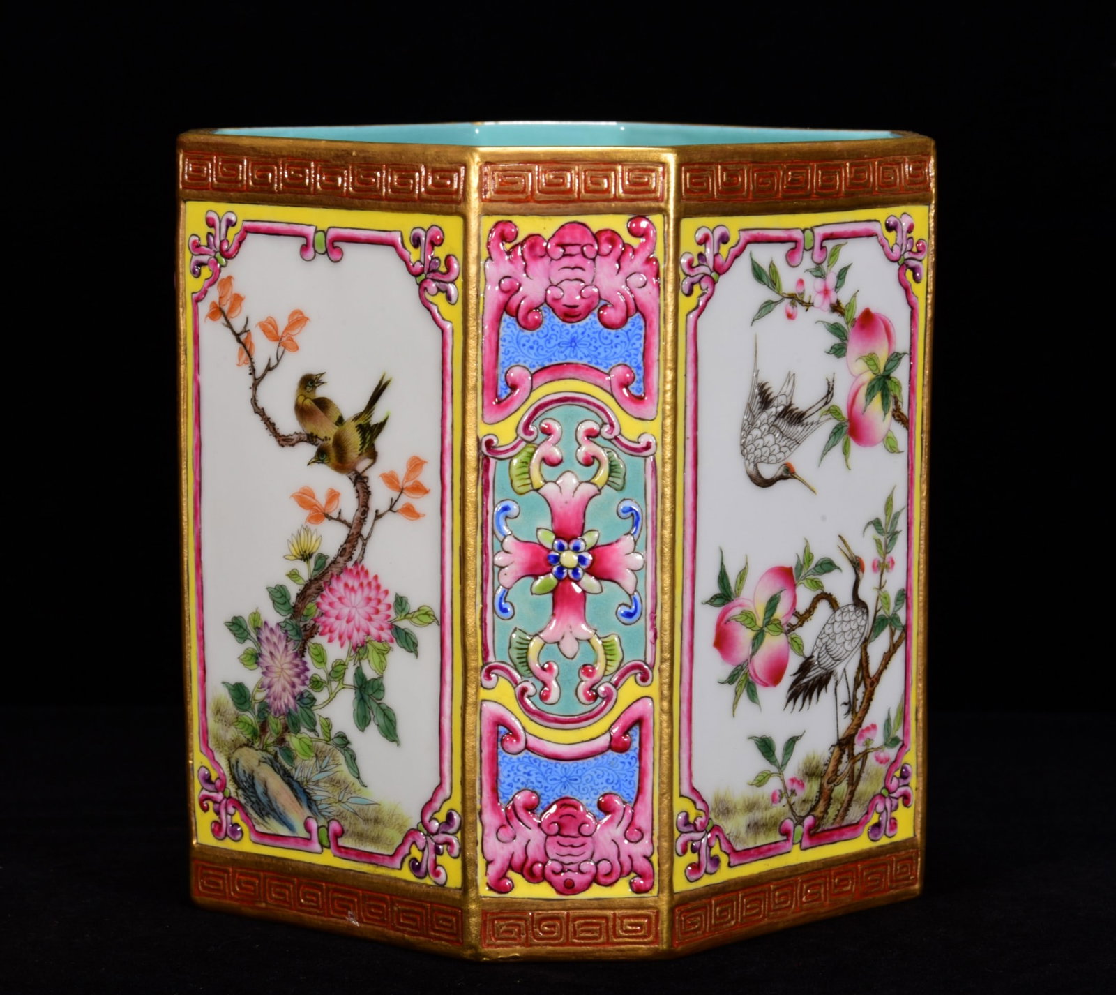 Gilt Gold Famille Rose Flower Bird Design Porcelain Brush Pot - 3