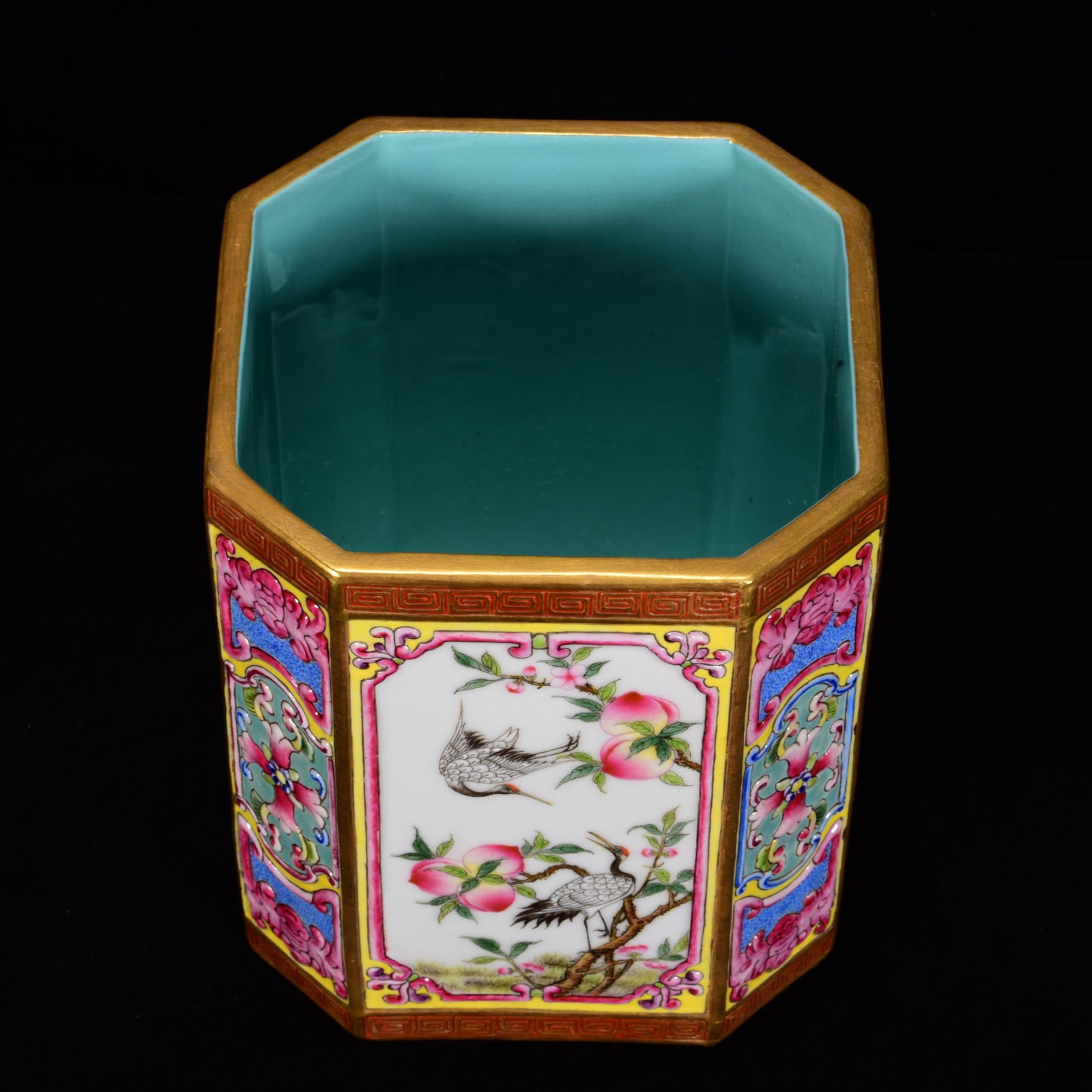 Gilt Gold Famille Rose Flower Bird Design Porcelain Brush Pot - 4