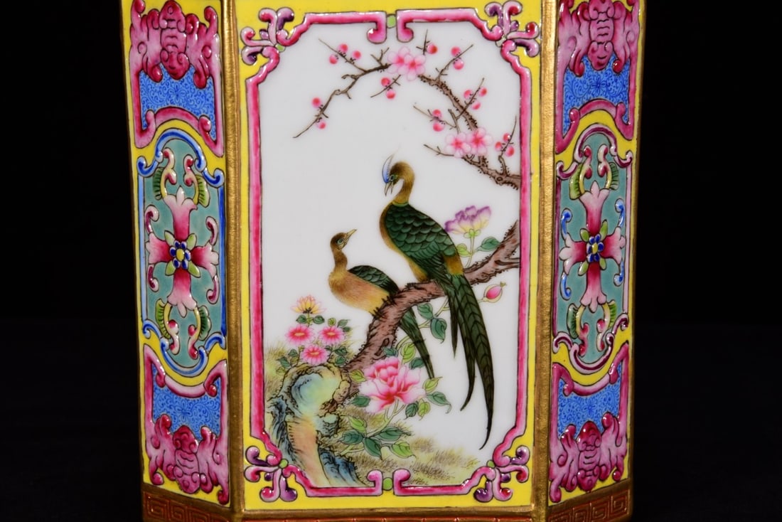 Gilt Gold Famille Rose Flower Bird Design Porcelain Brush Pot - 8