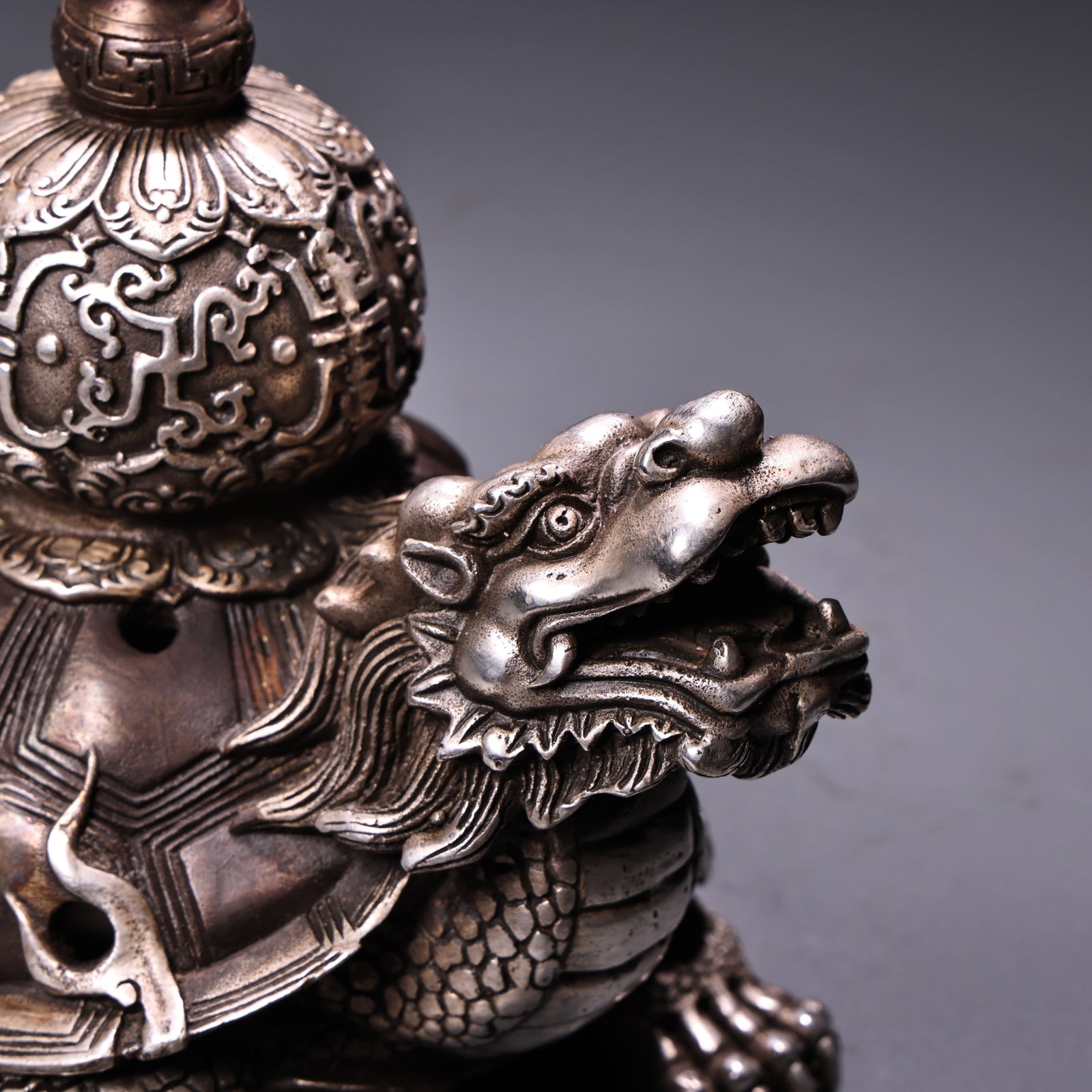 Old White Copper Dragon Turtle Incense Burner - 10